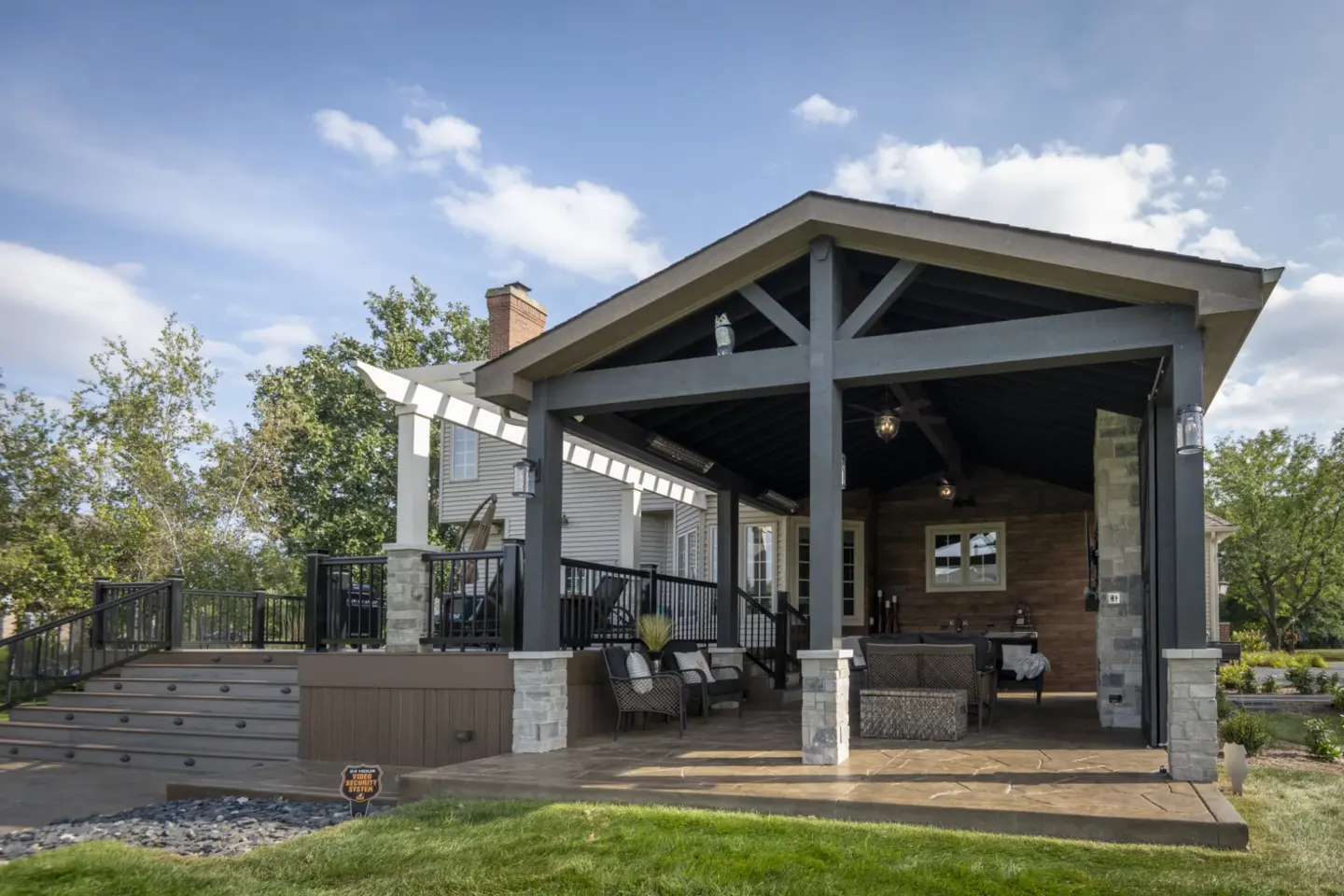 00 beautiful gable pavilion living space alongside deck and pergola